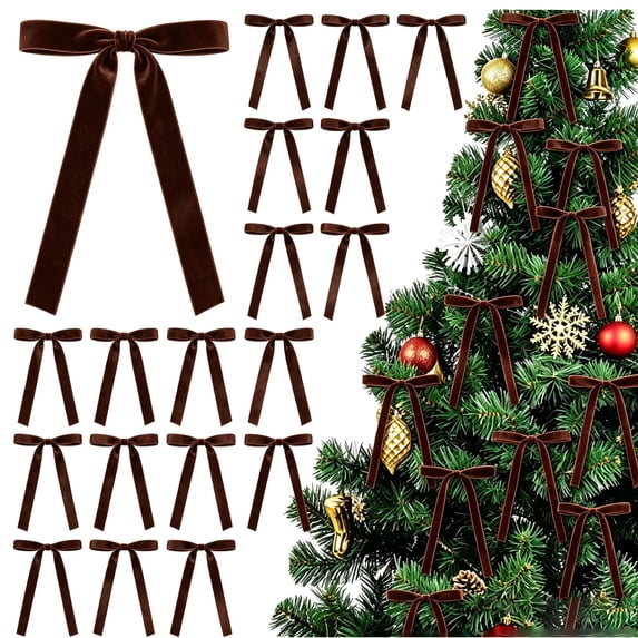 Coffee Velvet Ribbon Bows for Christmas Tree - 24 Pcs Christmas Tree Decorations Ornaments, Velvet Christmas Tree Bows, Holiday Decor Ribbon for Garland Wreath Bow Ornaments Supplies