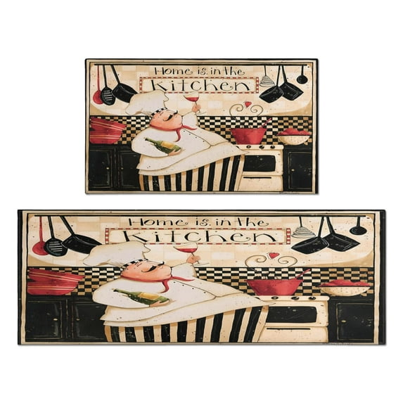 Coffee Vintage Chef Kitchen Pattern Kitchen Mats Set Of 2,Kitchen Rugs Mats with Dirty Resistance,washable,Non-Slip,kitchen Mats 17.7x24+17.7x48inch