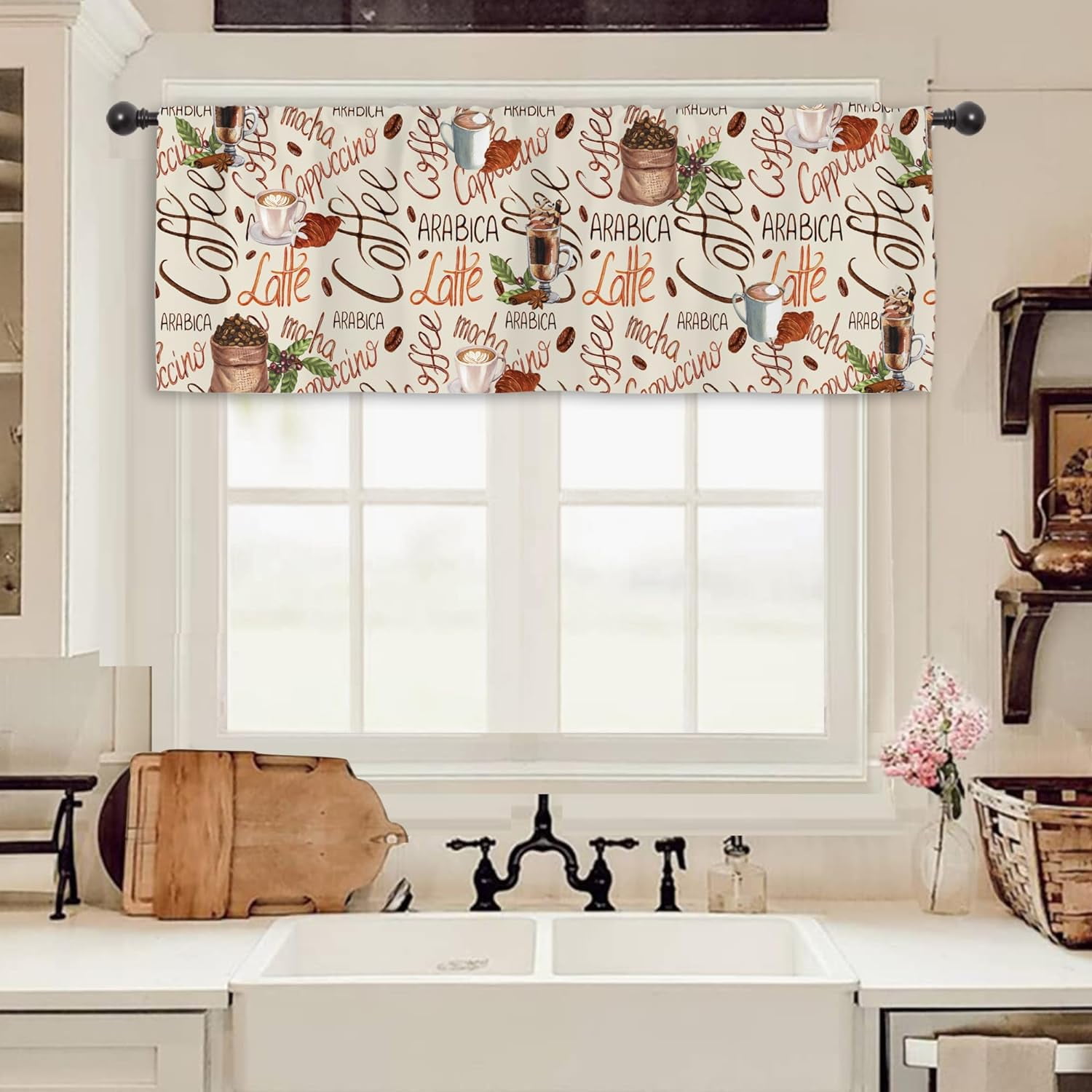 Coffee Vintage Kitchen Curtain Valance 54W x 18H Rod Pocket Farmhouse ...