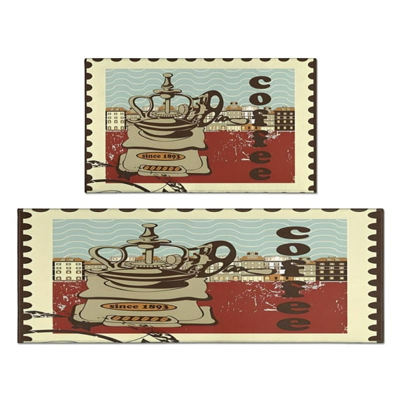Coffee Vintage Stamp Pattern Kitchen Mats Set Of 2,Kitchen Rugs Mats with Dirty Resistance,washable,Non-Slip,kitchen Rugs and Mats 17.7x24+17.7x48inch