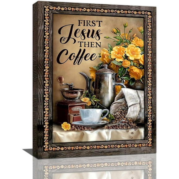 Coffee Wall Art Christian Kitchen Pictures Wall Decor Jesus Canvas Painting Prints Rustic Flowers Framed Artwork for Kitchen Dining Room Cafe 12"x16"