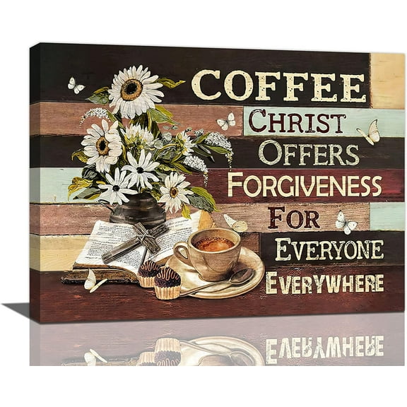 Coffee Wall Art Coffee Daisy Pictures Wall Decor Christian Coffee Bar Decoration Modern Home Artwork For Kitchen Dining Room Coffee Bar Framed 16"x12"