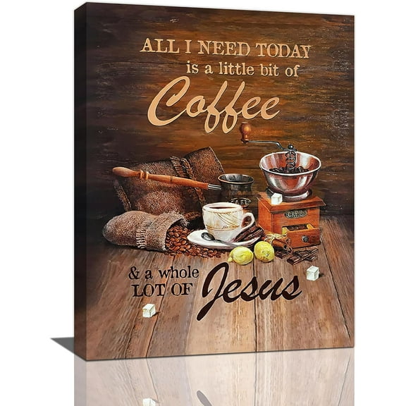 Coffee Wall Art Coffee Jesus Wall Decor Coffee Pictures Farmhouse A Little Bit of Coffee Quotes Sign Canvas Prints Framed Modern Kitchen Painting Artwork for Dining Room Cafe Bar Restaurant 12"x16"