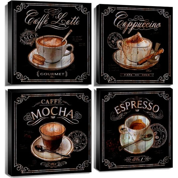 Coffee Wall Art Kitchen Decor Vintage Coffee Bar Wall Decor Black Brown Coffee Themed Canvas Pictures Dining Room Cafe Bean Cup Painting Artwork Family Restaurant Table Shop Home Decorations 12x12"x4