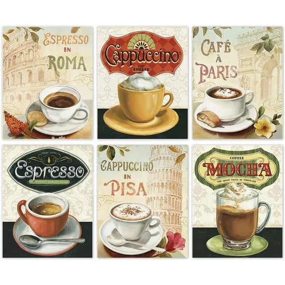 Coffee Wall Art Kitchen Decor, Vintage Coffee Canvas Posters Dining Room Decoration, Mocha Cappuccino Art Painting for Restaurant Office Man Cave Cafe Bar Wall Decor, Set of 6 - (8"x10" Unframed)