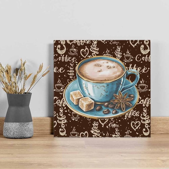 Coffee Wall Art Painting on Canvas, Brown Teal Pastoral Vintage Art Canvas Art Home Prints Wall Art Framed Modern Artwork for Living Room Bedroom Wall Decor 8x8in