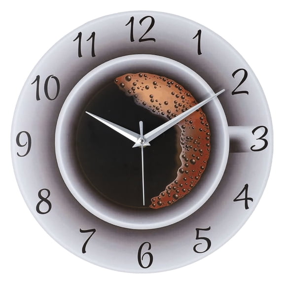 Coffee Wall Clock 30Cm Quiet Non-Ticking Decorative With Cup Image For Kitchen Living Room Bedroom Home Office Decor Density Board Round Design