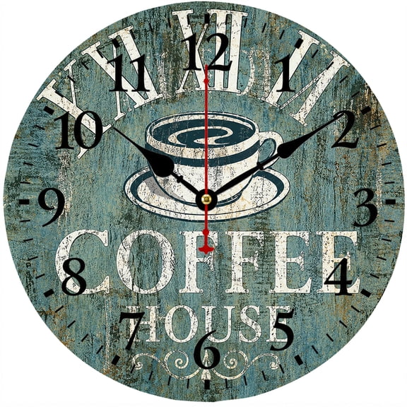 Coffee Wall Clock 9.84 Inch, Rustic Farmhouse Kitchen Clock with Coffee Cup Design, Battery Operated Analog Clock, Easy to Read Decor for Cafe Dining Room