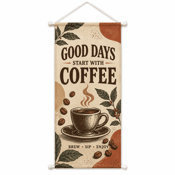 Coffee Wall Hanging Banner 11 x 28.3 in, Polyester DoubleRod Wall Decor for Kitchen Coffee Bar Home Decoration