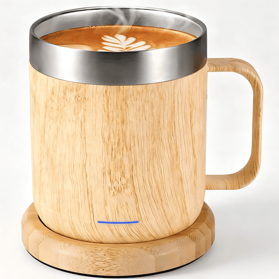 Zhenglu USB Smart Heated Cup with 10Hrs Auto Shut-Off - Self Heating Coffee Mug, Ideal Gifts for Birthday, Mother's Day, Father's Day -12oz Bamboo