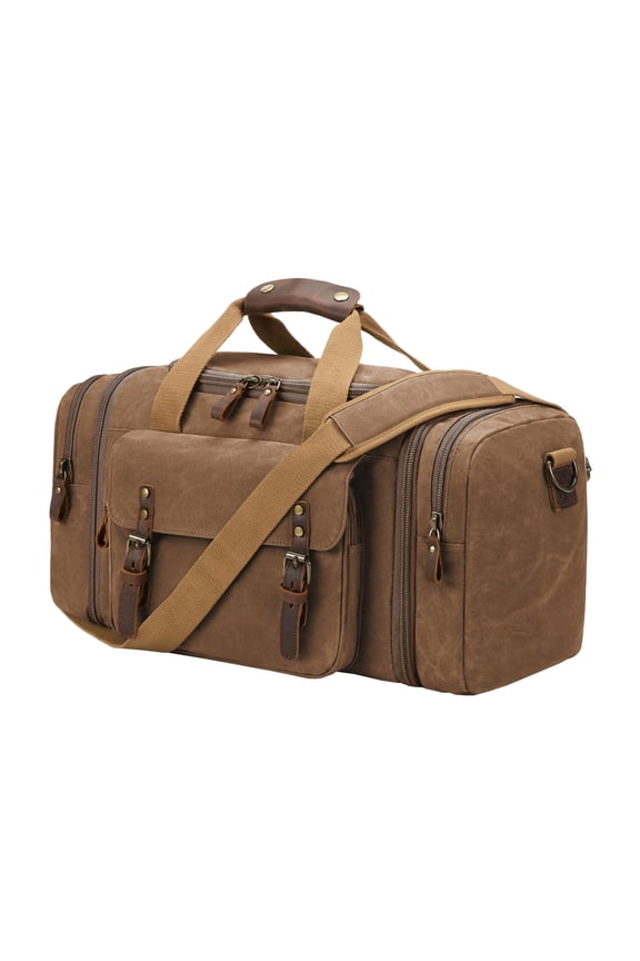 Coffee Waxed Canvas Duffel Bag 50L Expandable Travel Weekender