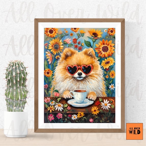 Coffee Whimsical Pomeranian Art Cute Pommy Pom Dog Poster , Poster ...