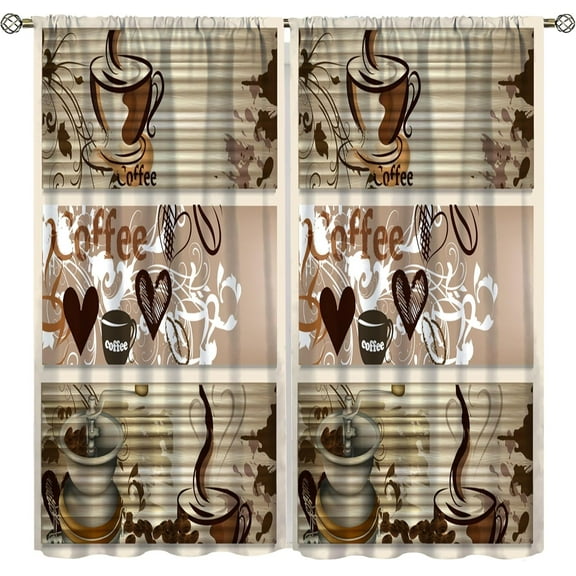 Coffee Window Curtains for Kitchen, Rustic Vintage Coffee Theme Hand Drawn Cups Hearts Pattern Rod Pocket Window Treatments for Living Room Bedroom Cafe Drapes, 42x54 Inch