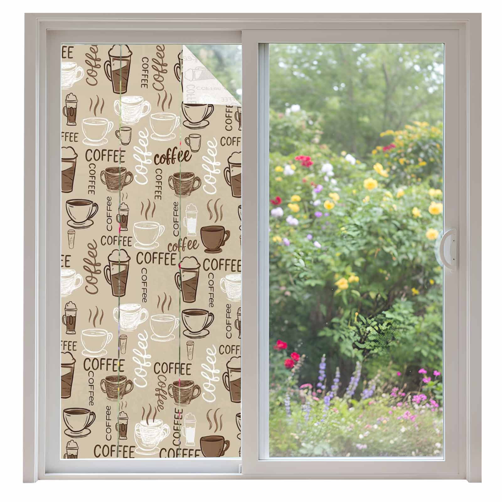 Coffee Window Privacy Film, Beige Farmhouse Retro Beans Latte Tea Cup Funny Static Cling UV Sun Blocking Heat Control Window Tint, Non-Adhesive One Way Windows Privacy Cover 35.4''x78.7''