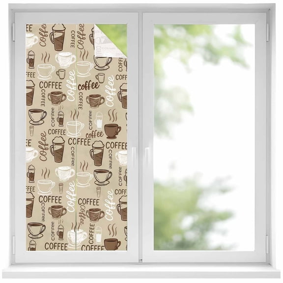 Coffee Window Privacy Film, Beige Farmhouse Retro Beans Latte Tea Cup Funny Static Cling UV Sun Blocking Heat Control Window Tint, Non-Adhesive One Way Windows Privacy Cover 19.6''x39.3''