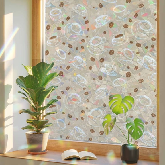 Coffee Window Privacy Film, Vintage White Lines Coffee Beans Cups Brown Background Stained Glass Rainbow Film Decorative Window Clings, Static Cling Sun Blocking Stickers 17.7" x 39.3"