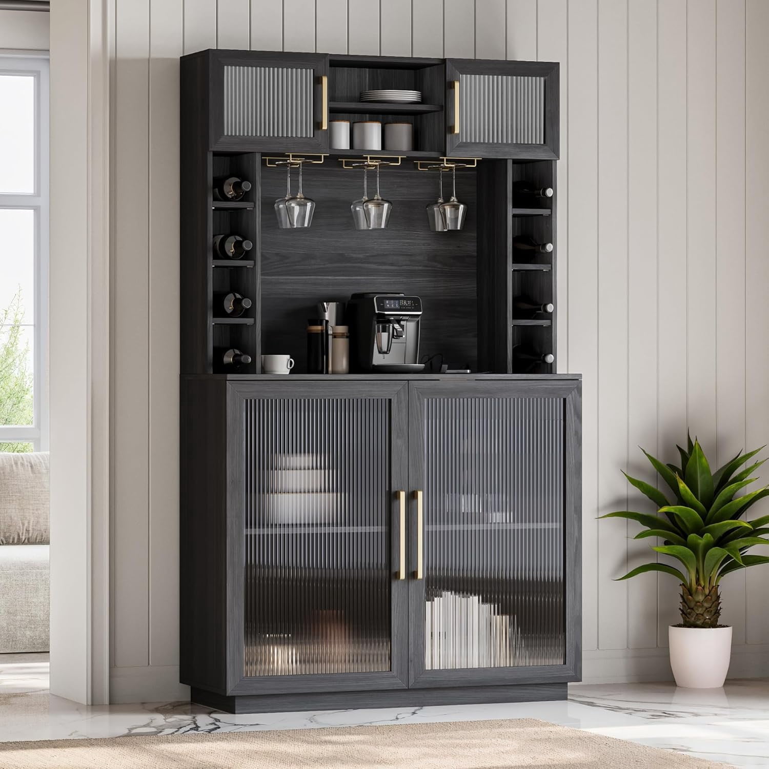 Coffee Wine Bar Cabinet with Power Outlet, 72" Rustic Liquor Cabinet ...