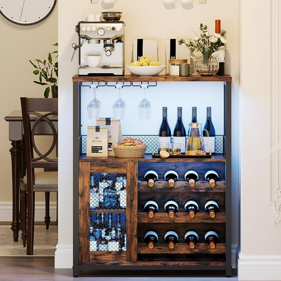 Coffee Wine Bar Rack Cabinet with Power Outlet and LED Light, Liquor Cabinet with Detachable Wine Rack and Glass Holder, Farmhouse Sideboard Buffet Cabinet with Storage Shelf (Brown)