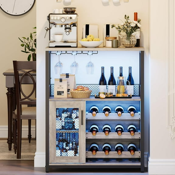 Coffee Wine Bar Rack Cabinet with Power Outlet and LED Light, Liquor Cabinet with Detachable Wine Rack and Glass Holder, Farmhouse Sideboard Buffet Cabinet with Storage Shelf (Grey)