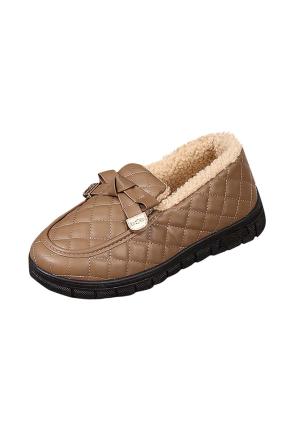 Coffee Women Casual Shoes Fleece Lined Bow Loafers Round Toe Fall Winter Comfortable High End British Style Pu Leather