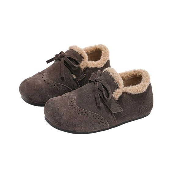 Coffee Women Casual Winter Shoes With Flock Construction And Sweet Bow Design, Suitable For Little Kids Princess Style And Warmth