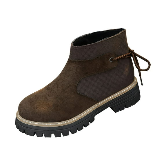 Coffee Women Lace Up Ankle Boots Suede Material Chunky Heel Mid Heel Winter Casual Style