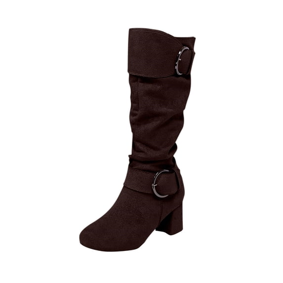Coffee Women Long Boots With Belt Buckle Detail Side Zipper For Leisure Wear Comfortable Heel
