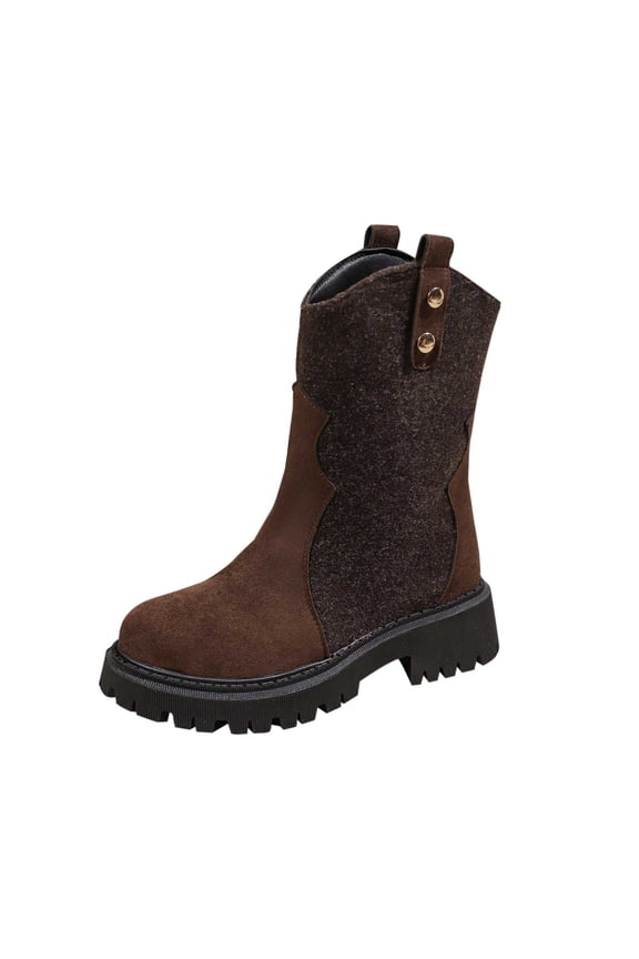 Coffee Women'S Boots With A Thick Sole, Splicing Accent, Round Toe, Low Heel For A Comfortable And Elevated Winter Style