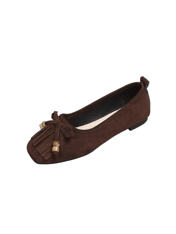 Coffee Women'S Flat Shoes Slip On Loafers Bow Tassel Decor Square Toe Breathable Soft Sole Casual Comfortable Plus Size Footwear Size Eu 40 Weight 0.6 Lbs