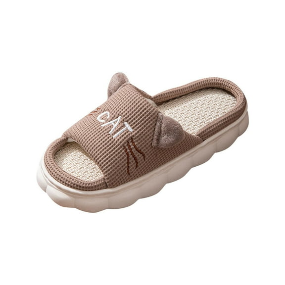 Coffee Women'S Slip-On Slippers With Linen Material And Cartoon Cat Design For Indoor And Outdoor Wear Cloth Comfort Fit