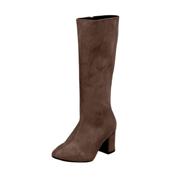 Coffee Women'S Fashionable Casual Versatile Cool Winter Suede Pointed Toe Chunky Heel Solid Color Knee High Boots Mid Heel Comfortable 1.19 Lbs