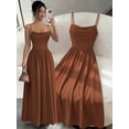 thumbnail image 1 of Coffee Womens Elegant Spaghetti Strap Ruched Waist Flowing Maxi Dress For Wedding Guest Or Formal Occasion, 1 of 7