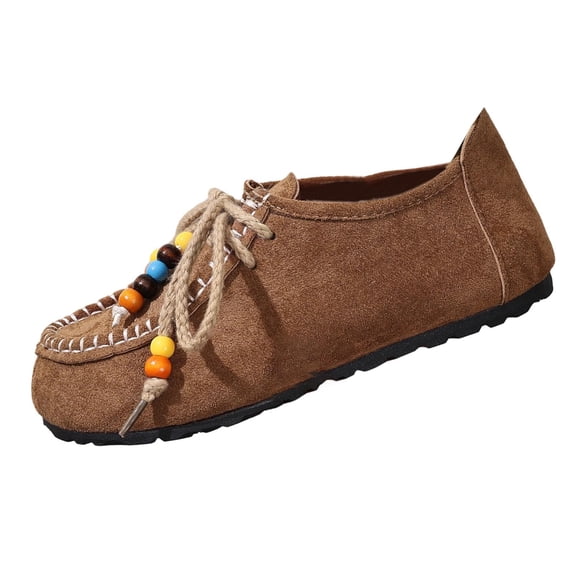 Coffee Womens Ethnic Style Moccasin Slippers Flat Shoes Beaded Rope Lacing Soft Upper Casual Outdoor Indoor Wear Size 5.5