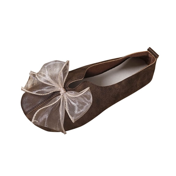 Coffee Womens Flats Bow Detail Round Toe Ankle Wrapping Pumps Soft Sole Casual Comfortable Shoes For Daily Wear Slip On Lightweight Easy Wear Size 39