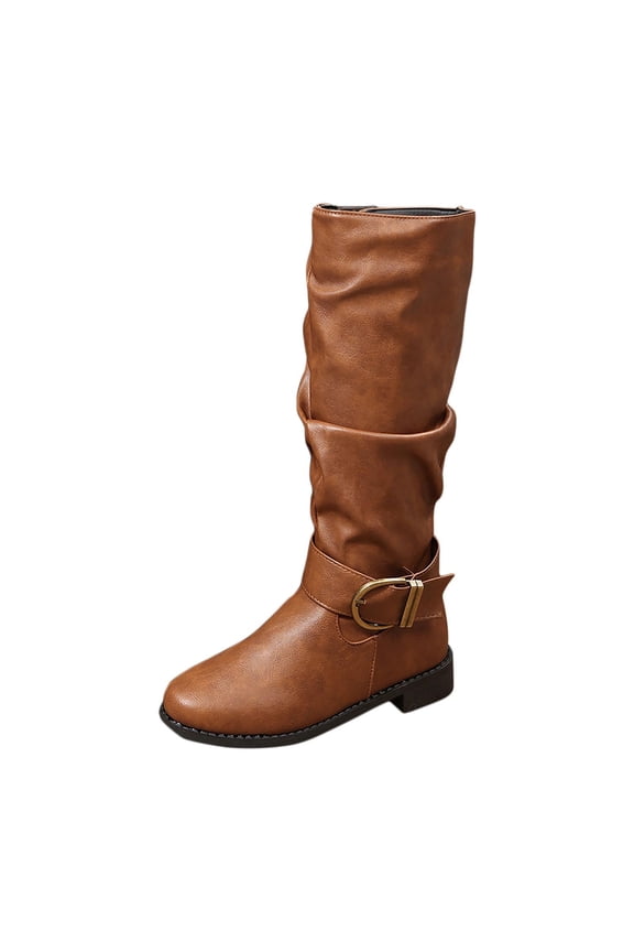 Coffee Womens Knee Boots Buckle Strap Thick Heel Round Toe Casual Winter Comfort Outdoor Indoor Low Heel For Ladies Walking Size 40