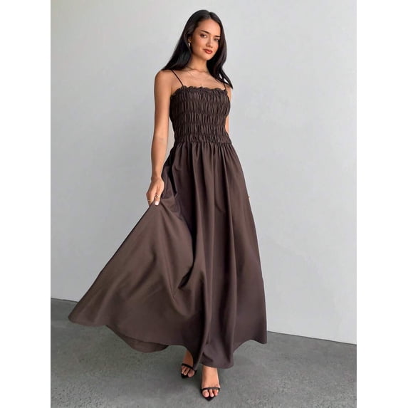 Coffee Womens Ruched Smocked Waist Maxi Dress With Spaghetti Straps