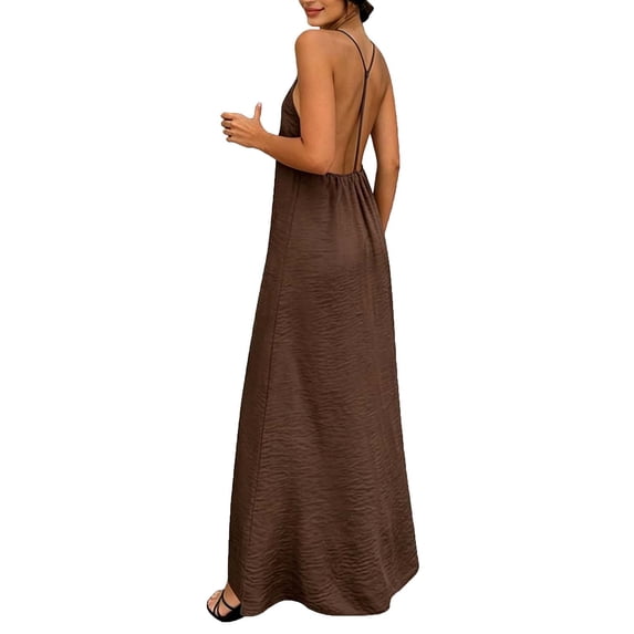Coffee Womens V Neck Backless Halter Dresses for Women Sleeveless Midi High Waisted Basic Summer Fall Dresses 2026 Soft Comfy Clothing Trendy Y2K S