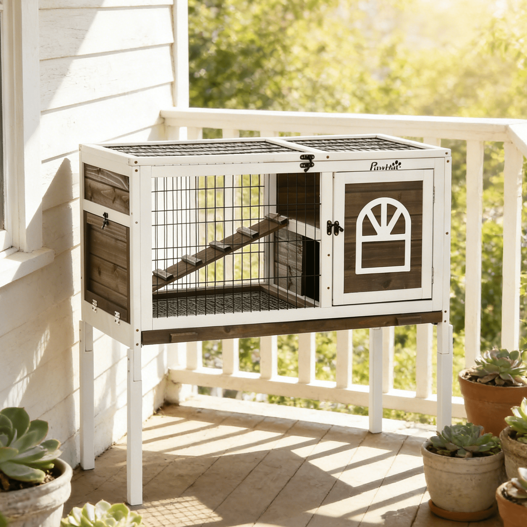 Coffee Wooden Rabbit Hutch with Elevated Guinea Pig Cage & Tray