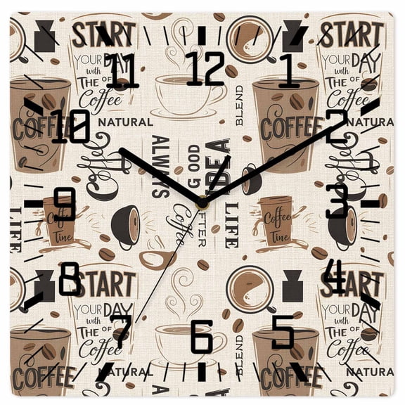 Coffee Wooden Wall Clock Silent Non Ticking, Brown Beans Cup Dessert Drink Monochrome Square Wall Clocks Battery Operated, Decor Clock for Home Office, Living Room, Kitchen, 10 Inch