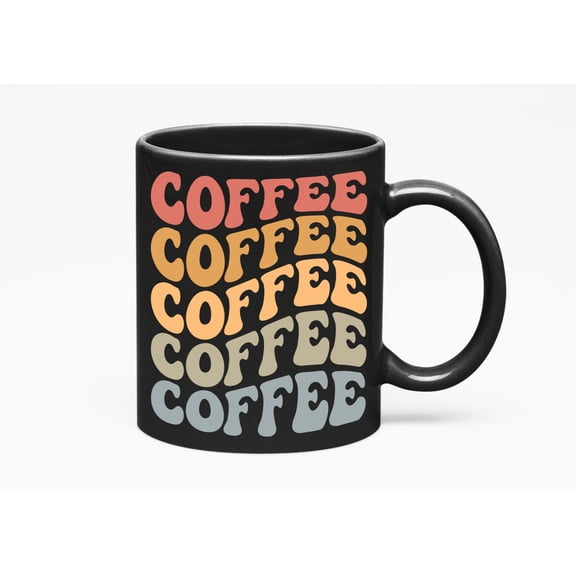 Coffee Word, Groovy Retro Wavy Text Merch Gift, Black 11oz Ceramic Mug