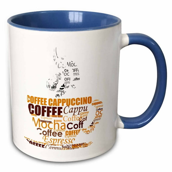 3drose, Coffee Words That Create a Coffee Cup in Brown, 15oz Two-tone Blue Mug