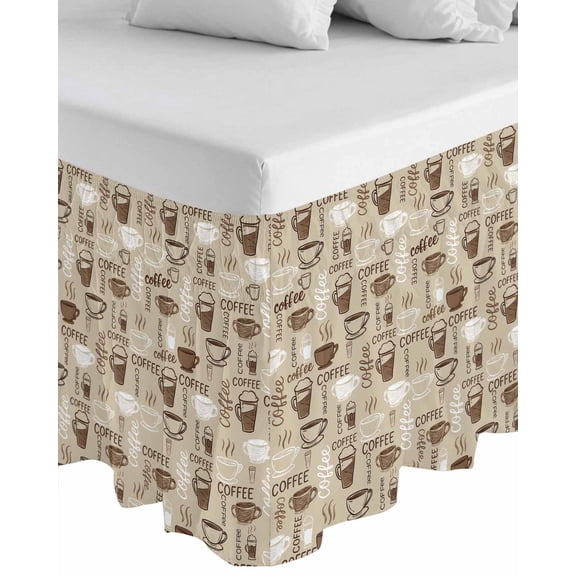 Coffee Wrap Around Bed Skirts for Queen Bed 16" Drop,Bed Skirt with Adjustable Elastic Belt Dust Ruffle Bed Valance for Bedroom Hotel Beige Farmhouse Retro Beans Latte Tea Cup Funny Bed Frame Cover