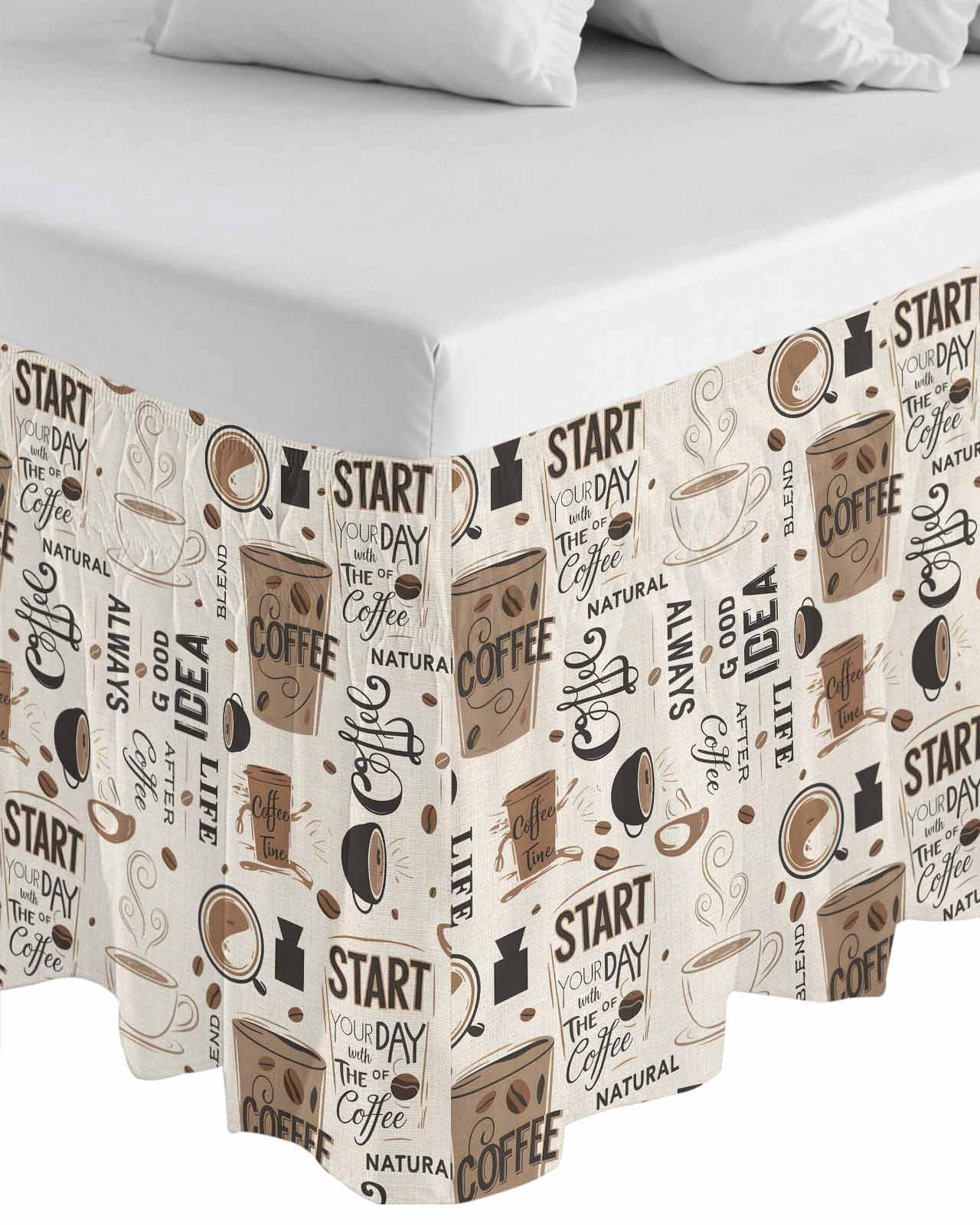 Coffee Wrap Around Bed Skirts for Queen Bed 16" Drop, Bed Skirt with Adjustable Elastic Belt Dust Ruffle Bed Valance for Bedroom Hotel Luxury Brown Beans Cup Dessert Drink Monochrome Bed Frame Cover