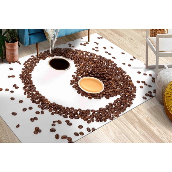 Coffee Yin Yang Rug, Coffee Lover Gift Rug, Brown Rug, Modern Rugs, Non Slip Rug, Dining Room Rug, Office Decor Rug, Anti-Slip Carpet, 2.6'x6.5' - 80x200 cm