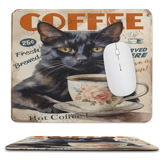 Coffee and Black Cat Print Mouse Pad with Stitched Edge,Premium-Textured Mouse Mat, Non-Slip Rubber Base Mousepad for Laptop, Computer & PC 10"x12"