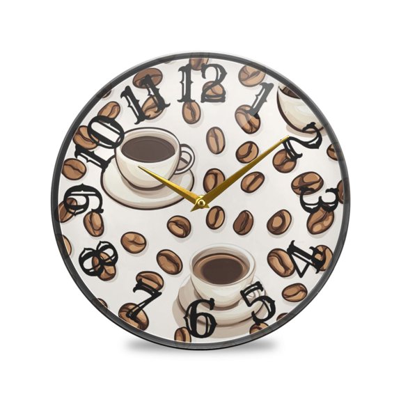 Coffee and Coffee Beans Wall Clock 10 Inch Silent Non Ticking Battery Operated Easy to Read for Kitchen Living Room