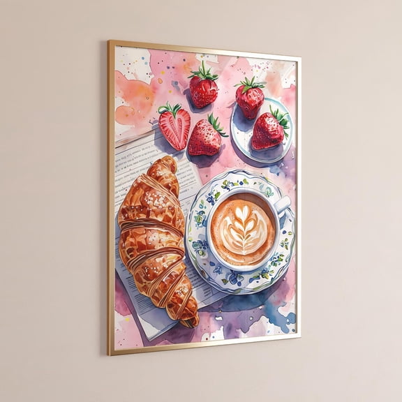 Coffee and Croissant Art Breakfast Club Green Kitchen French Food Decor, Unframed Paper Poster 8x10in