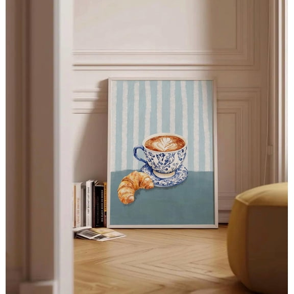 Coffee and Croissant Print, Blue Vintage Coffee Cup Poster, Blue Lines Art, Foodie Kitchen Decor, Retro Hand Drawn Wall Art Unframed Paper Print