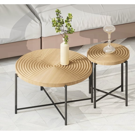 Coffee and End Table Set of 2 – Waterproof MDF & PVC, Black Metal Legs, 31.4"D x 18.9"H Coffee & 18.9"D x 23.6"H End Table, Rustic Charm
