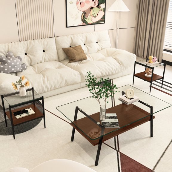 Coffee and End Tables Set (3 Pieces) | Functional Tables for Daily Living | Smooth - Edged Tempered Glass and Iron Support | Ensures Easy Maintenance